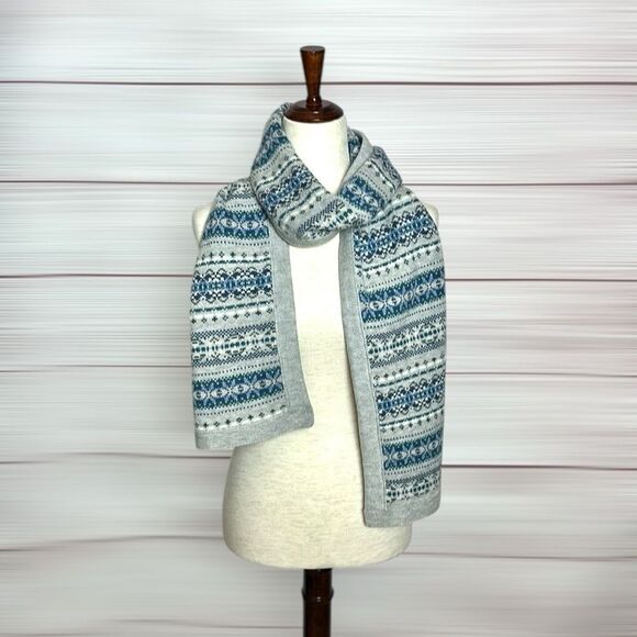 J.Mclaughlin Arthur Wool Knit Long Scarf Gray Blue White Fair Isle Pattern - Picture 4 of 8